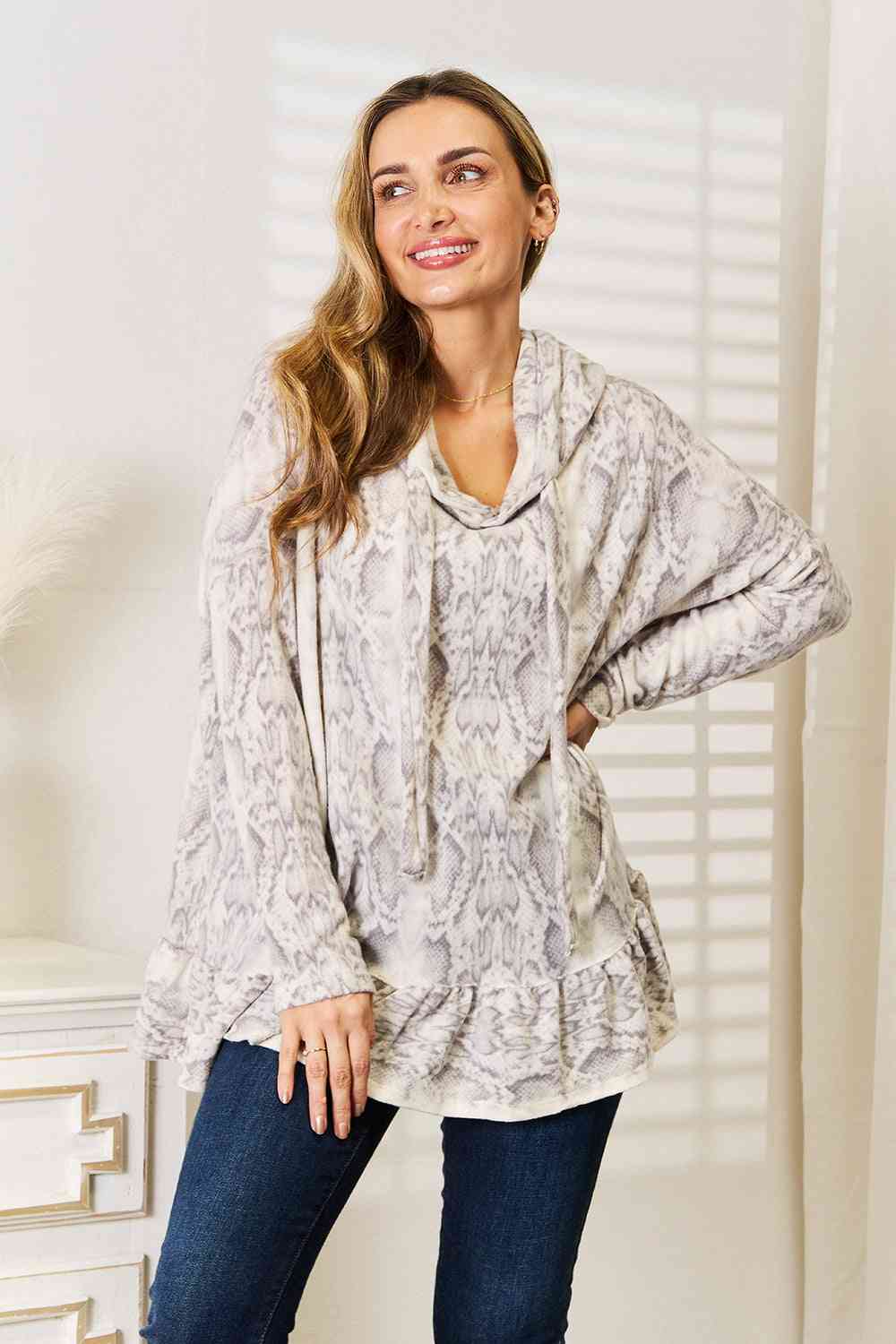 Snakeskin Print Ruffle Hem Hoodie