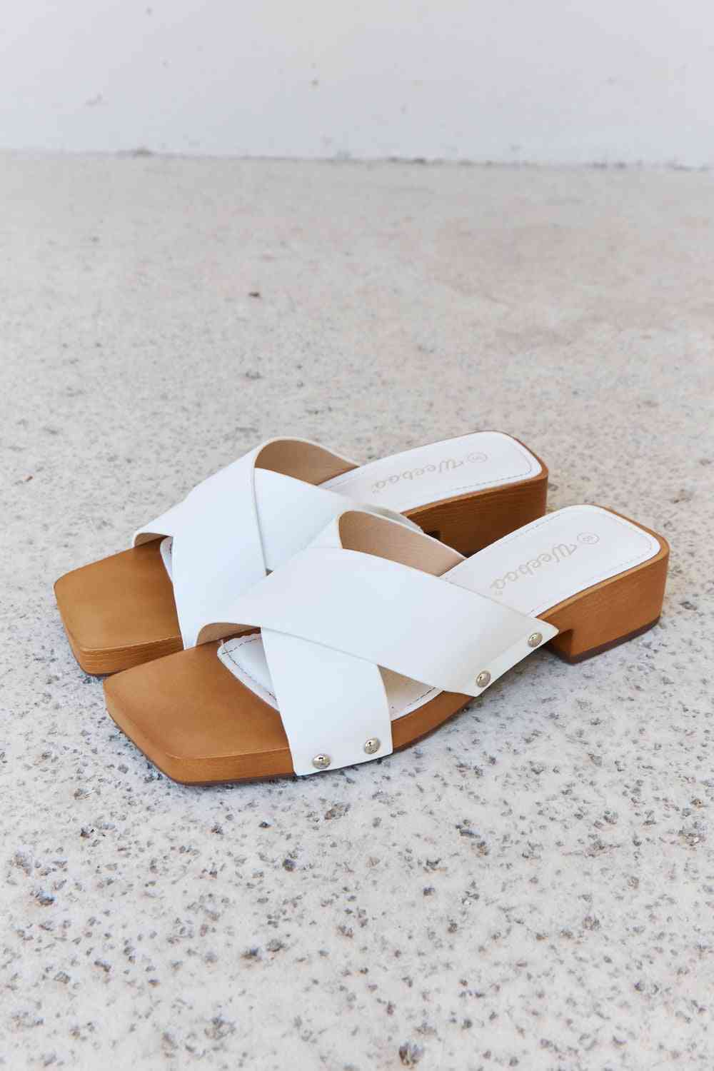 Step Into Summer Criss Cross Wooden Clog Mule in White