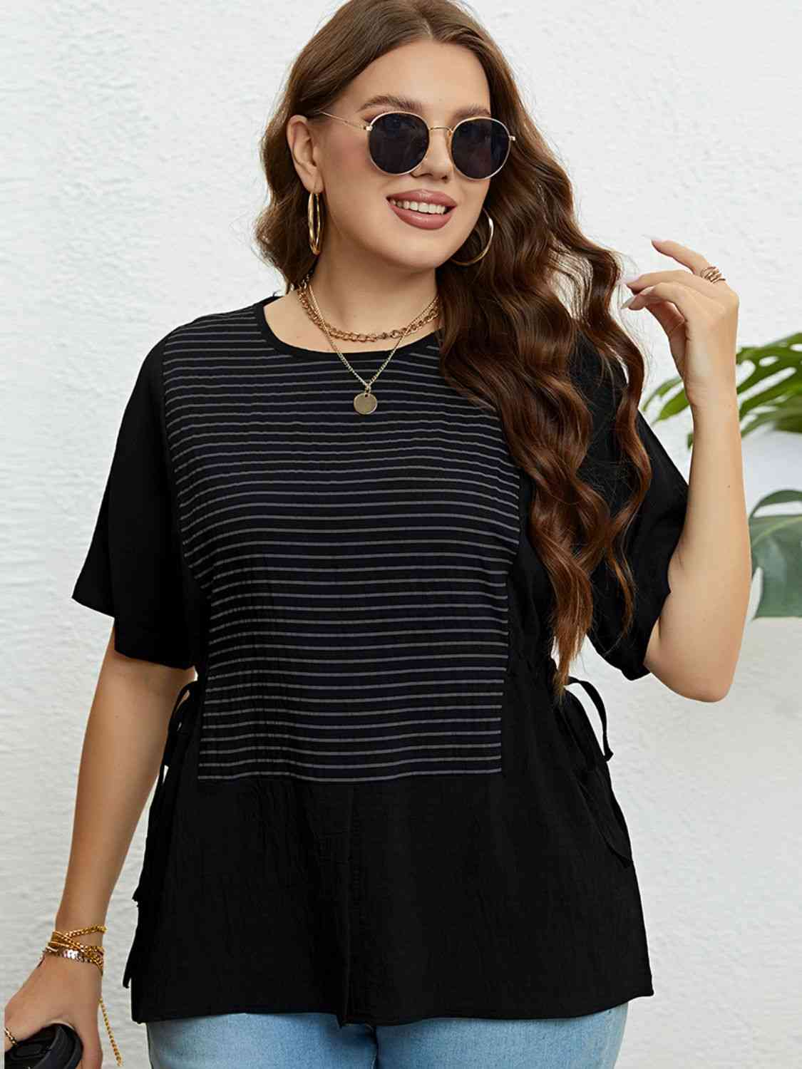 Plus Size Striped Drawstring Slit Top