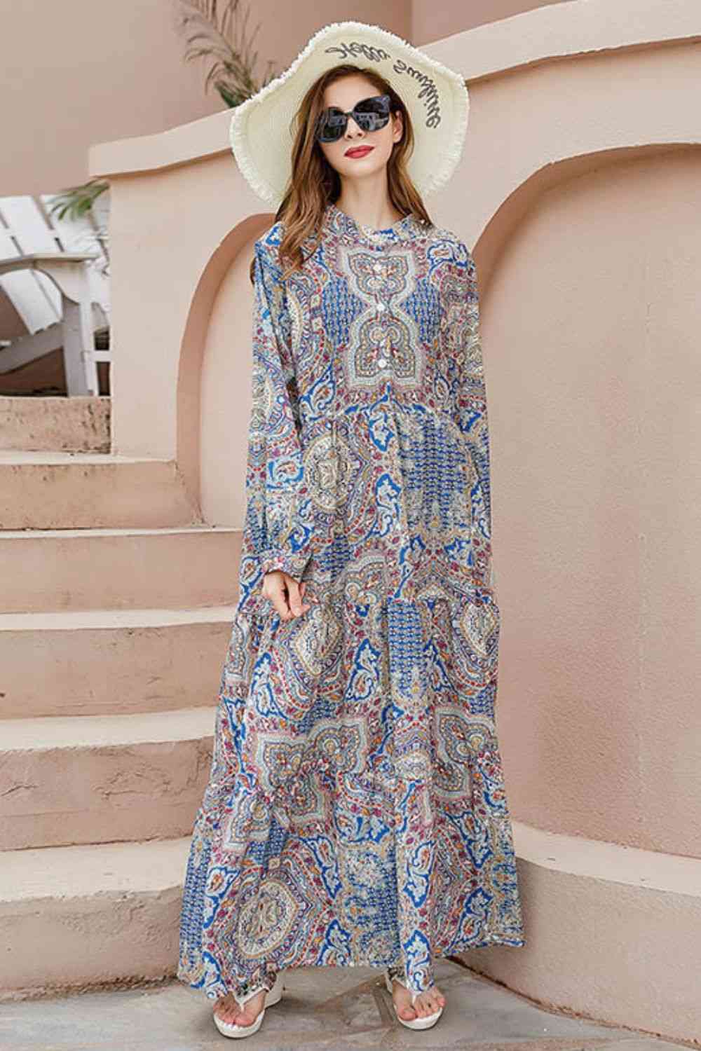 Plus Size Printed Mock Neck Buttoned Maxi Dress