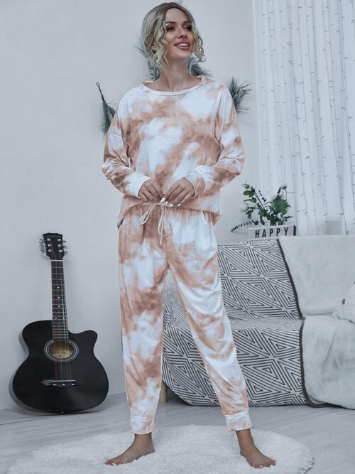 Tie-dye Round Neck Top and Drawstring Pants Lounge Set