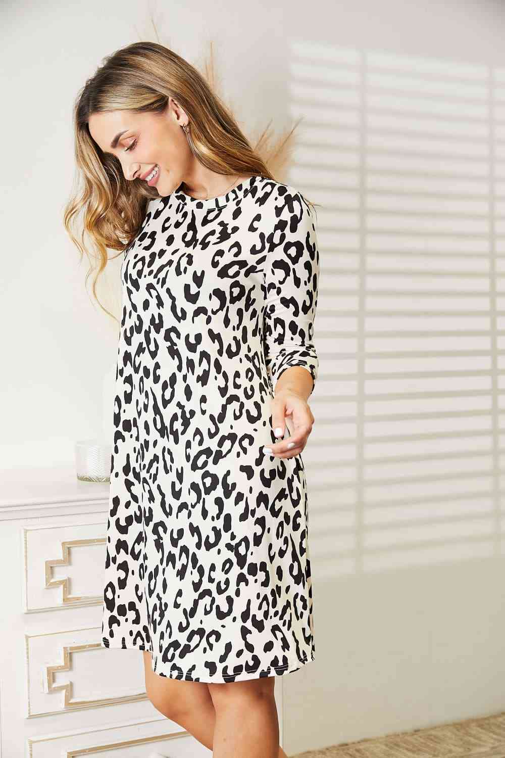 Leopard Three-Quarter Sleeve Dress with Pockets