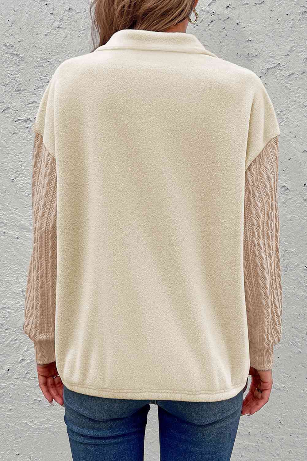 Zip-Up Dropped Shoulder Cable-Knit Sweatshirt