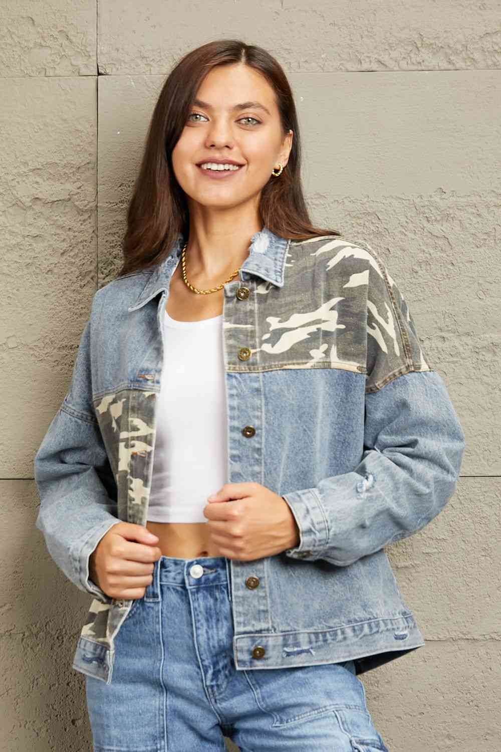 Washed Denim Camo Contrast Jacket