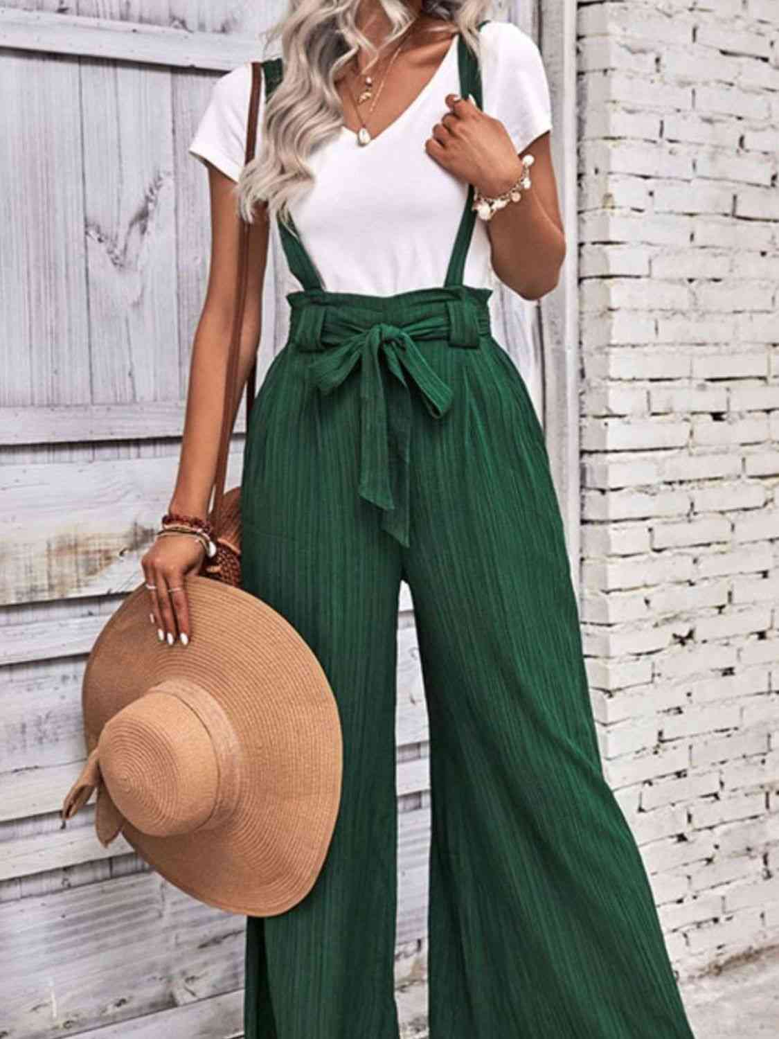 Tie Belt Wide Leg Overalls