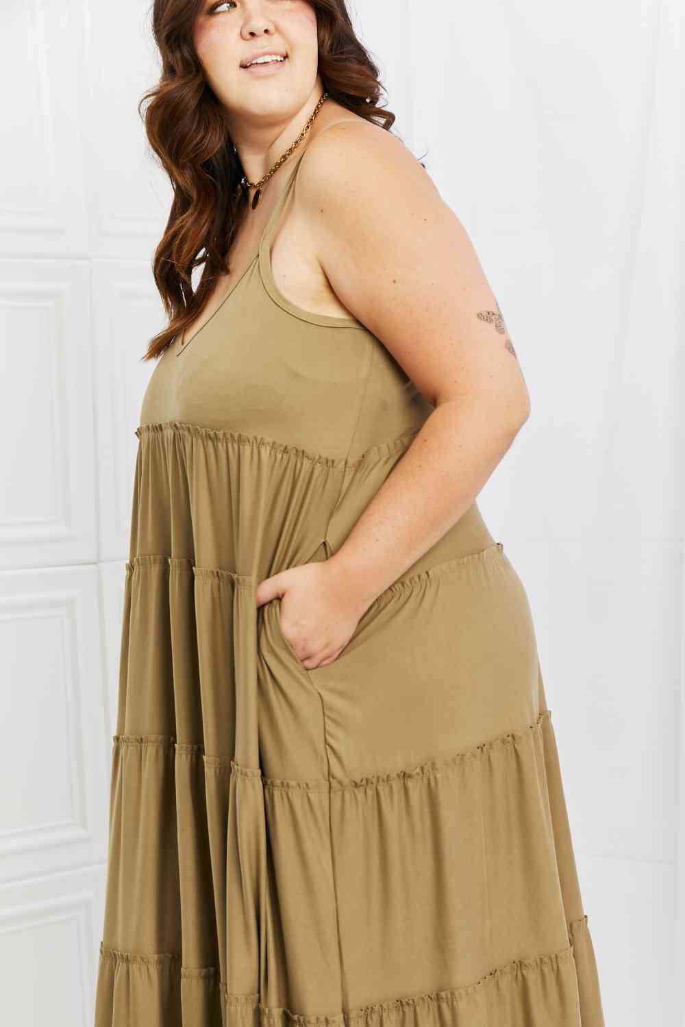 Spaghetti Strap Tiered Dress with Pockets in Khaki