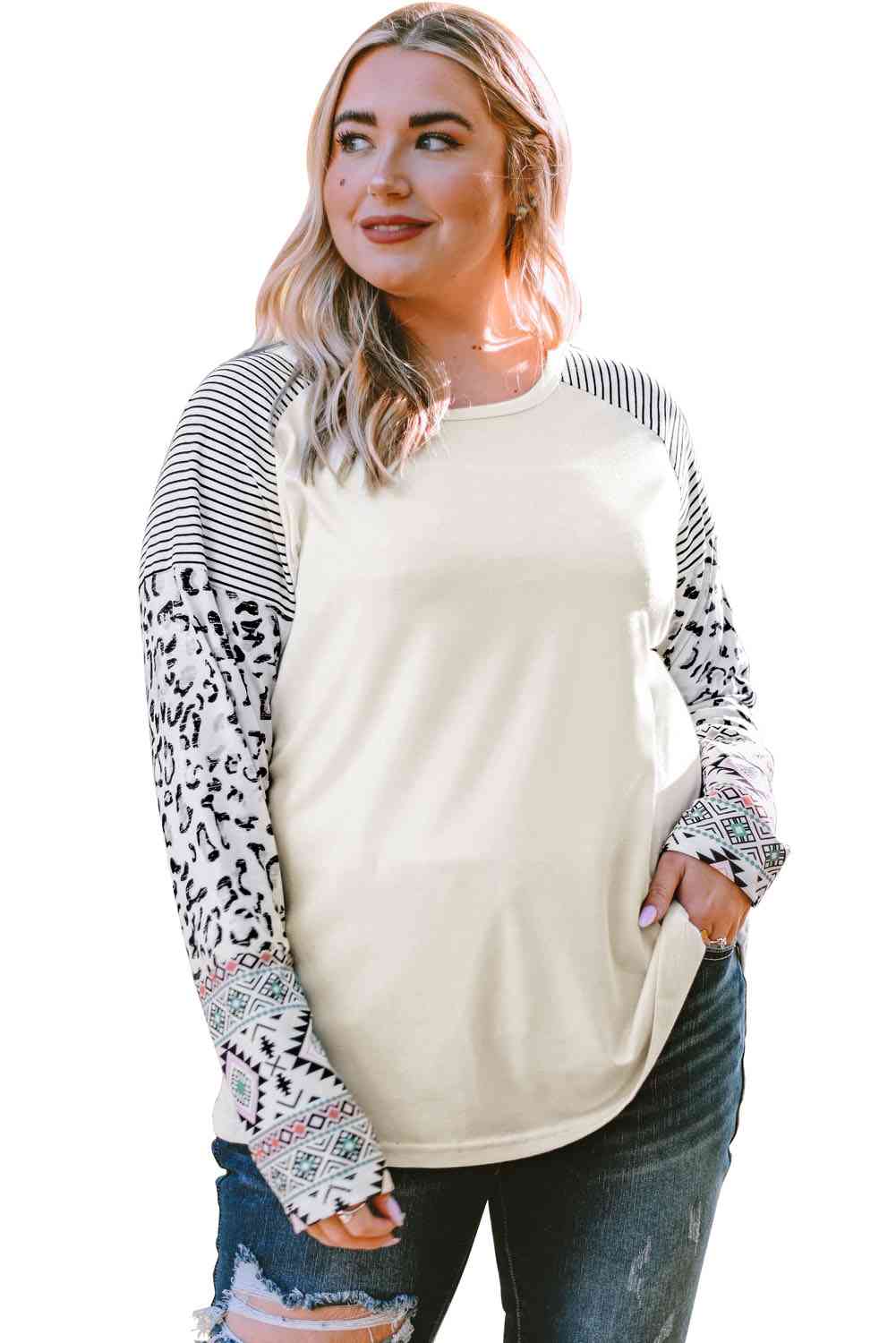 Plus Size Mixed Print Raglan Sleeve Round Neck Top