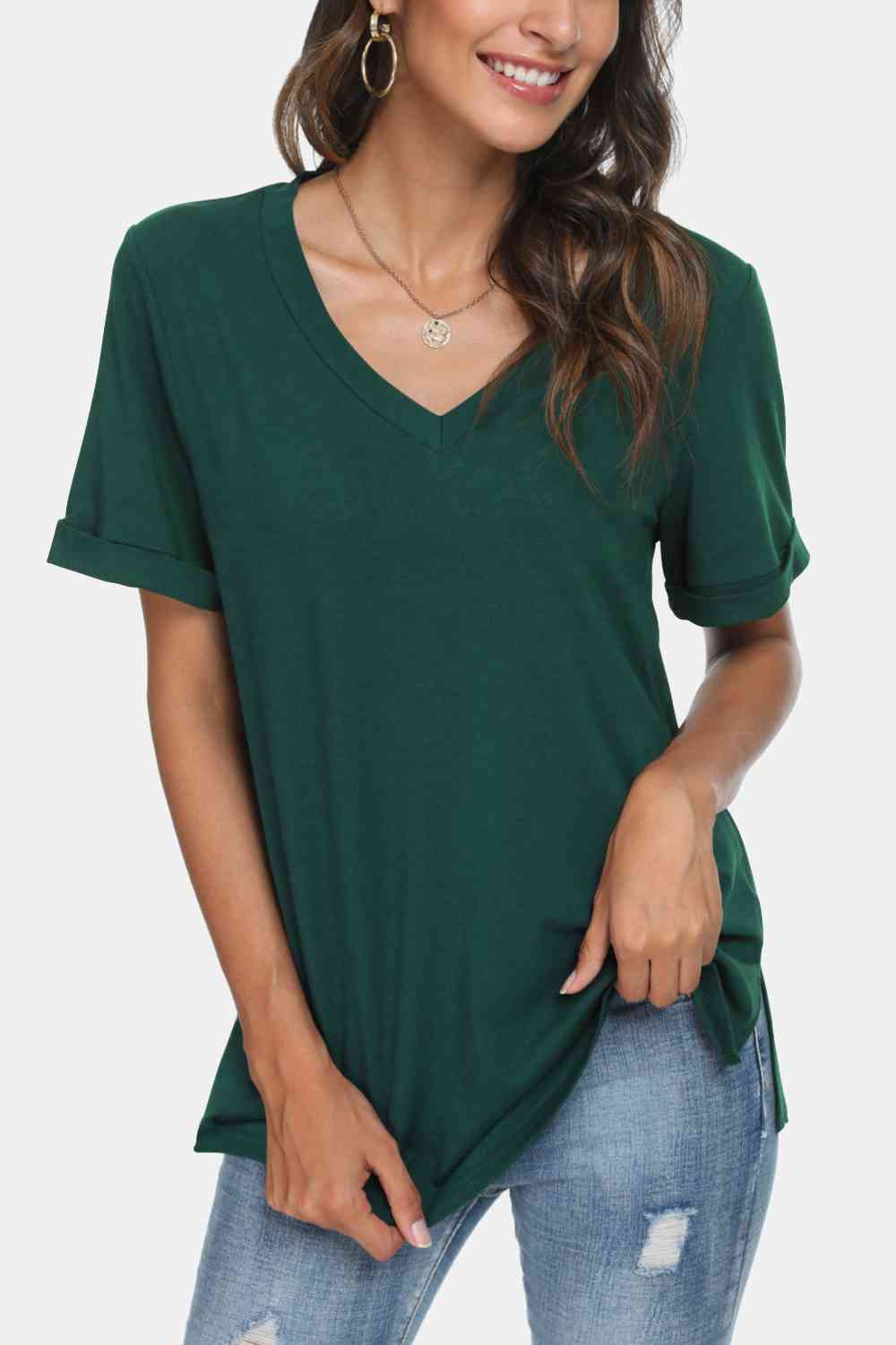 V-Neck Short Sleeve Slit T-Shirt