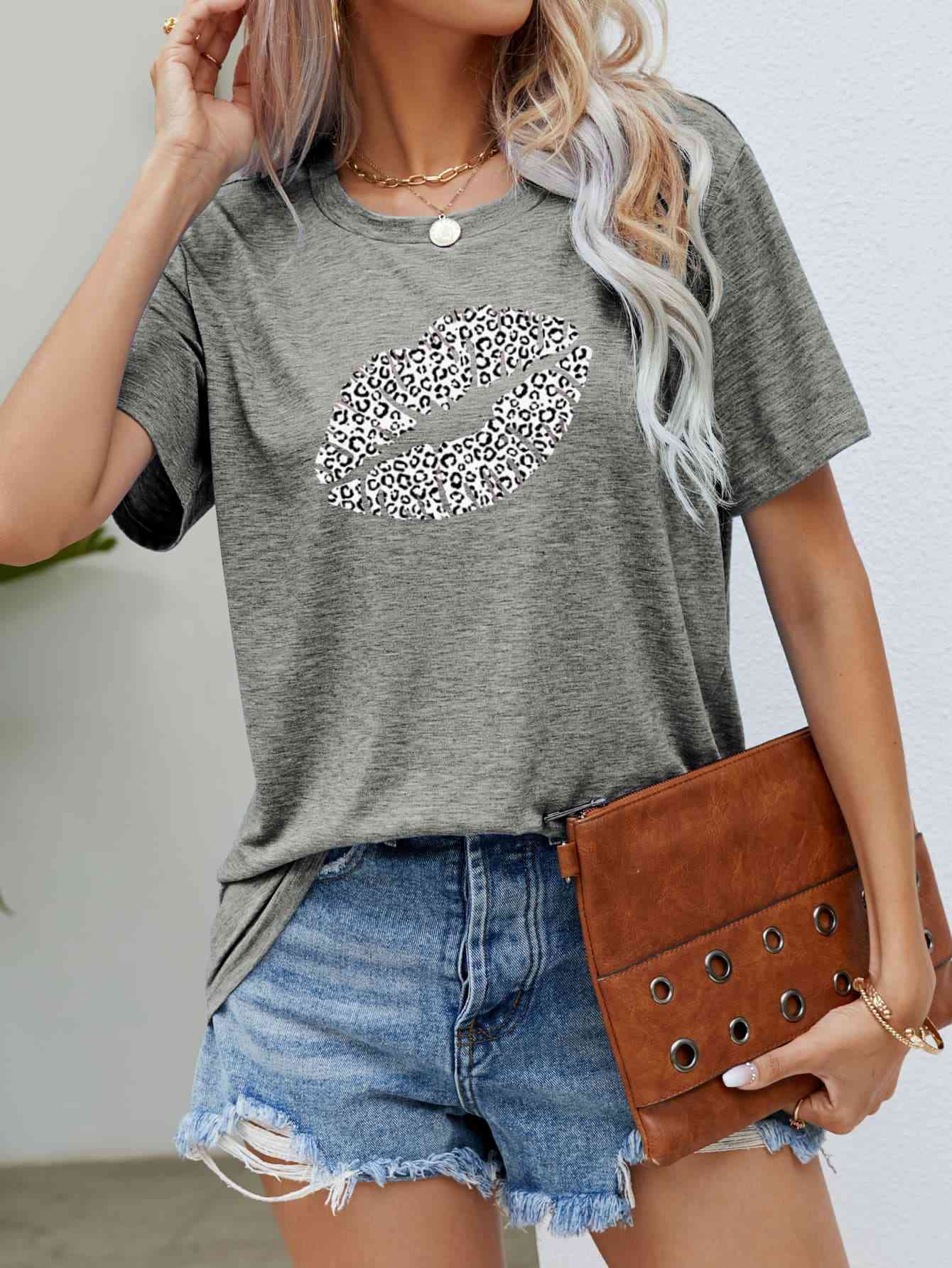 Leopard Lip Graphic Round Neck Tee