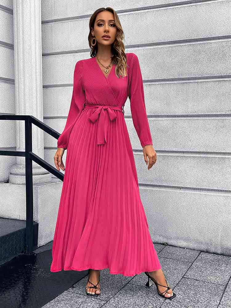 V-Neck Tie Waist Pleated Maxi Dress