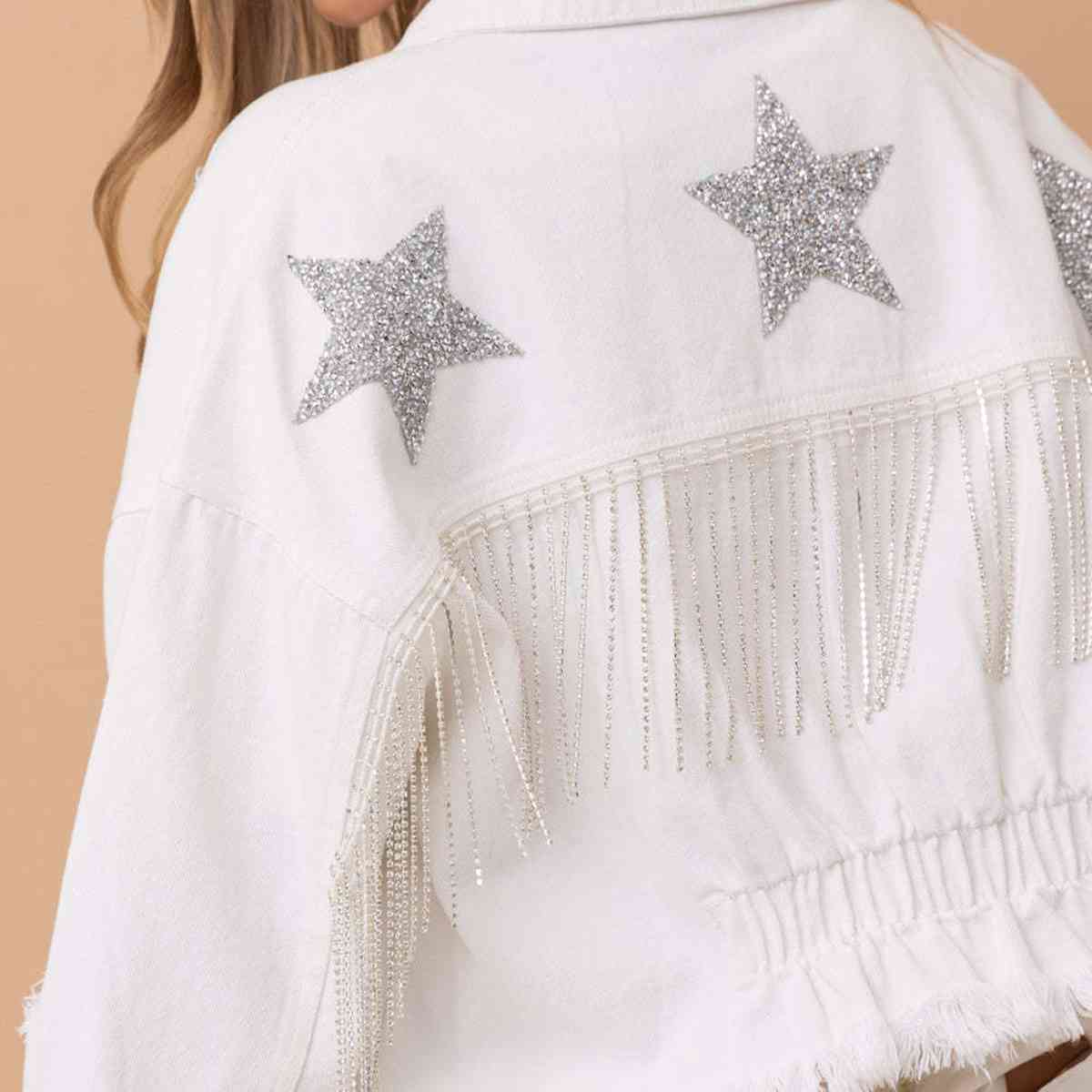 Star Raw Hem Fringe Detail Denim Jacket