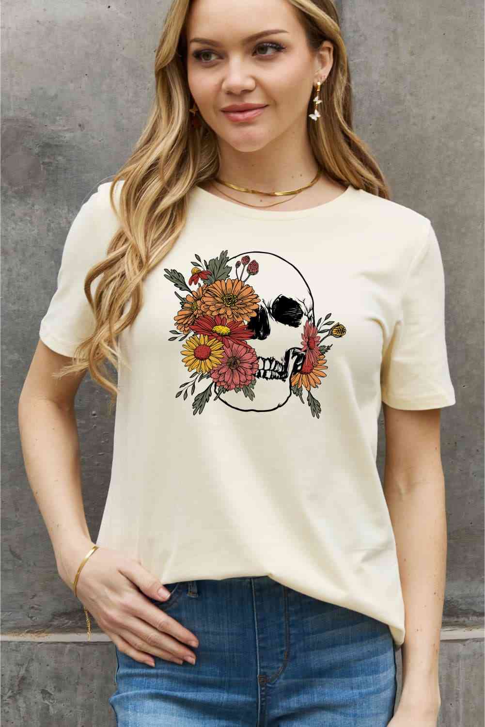 Simply Love Full Size Flower Skull Graphic Cotton Tee