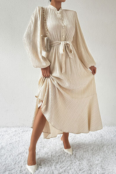 Tied Button Up Balloon Sleeve Dress