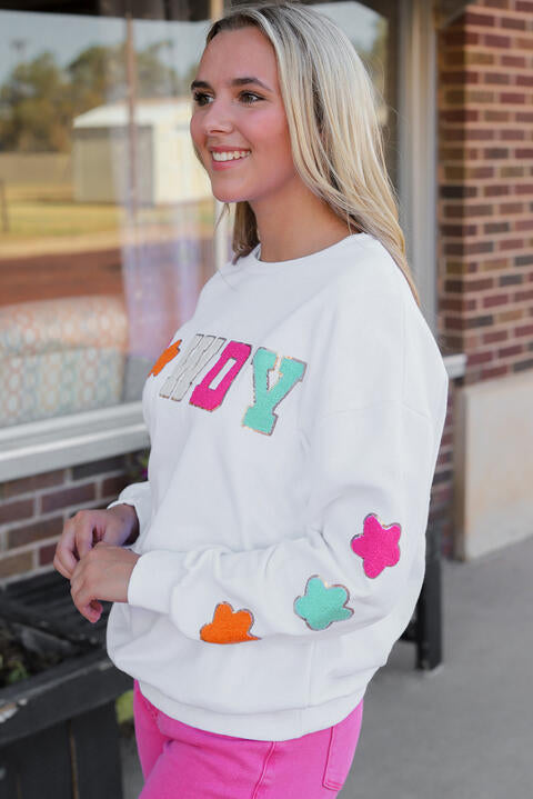 HOWDY Patch Graphic Round Neck Sweatshirt