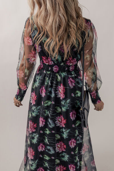 Somcked Floral V-Neck Long Sleeve Dress