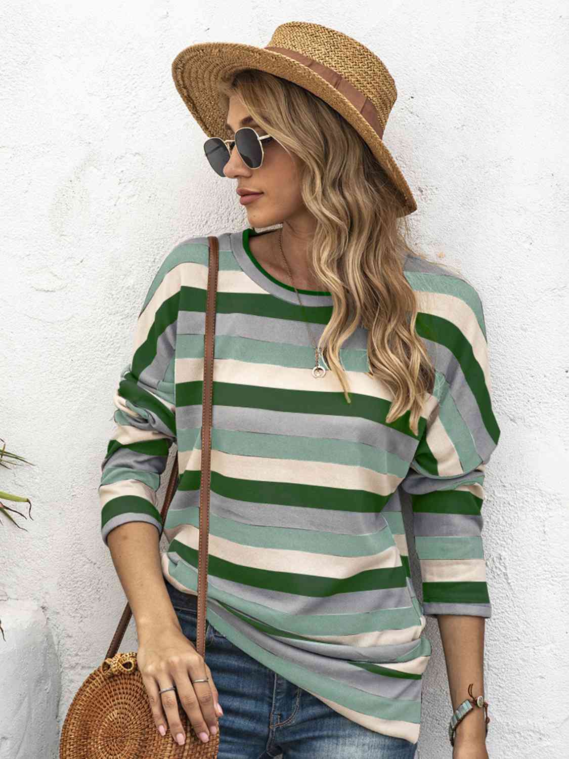 Striped Drop Shoulder Round Neck T-Shirt