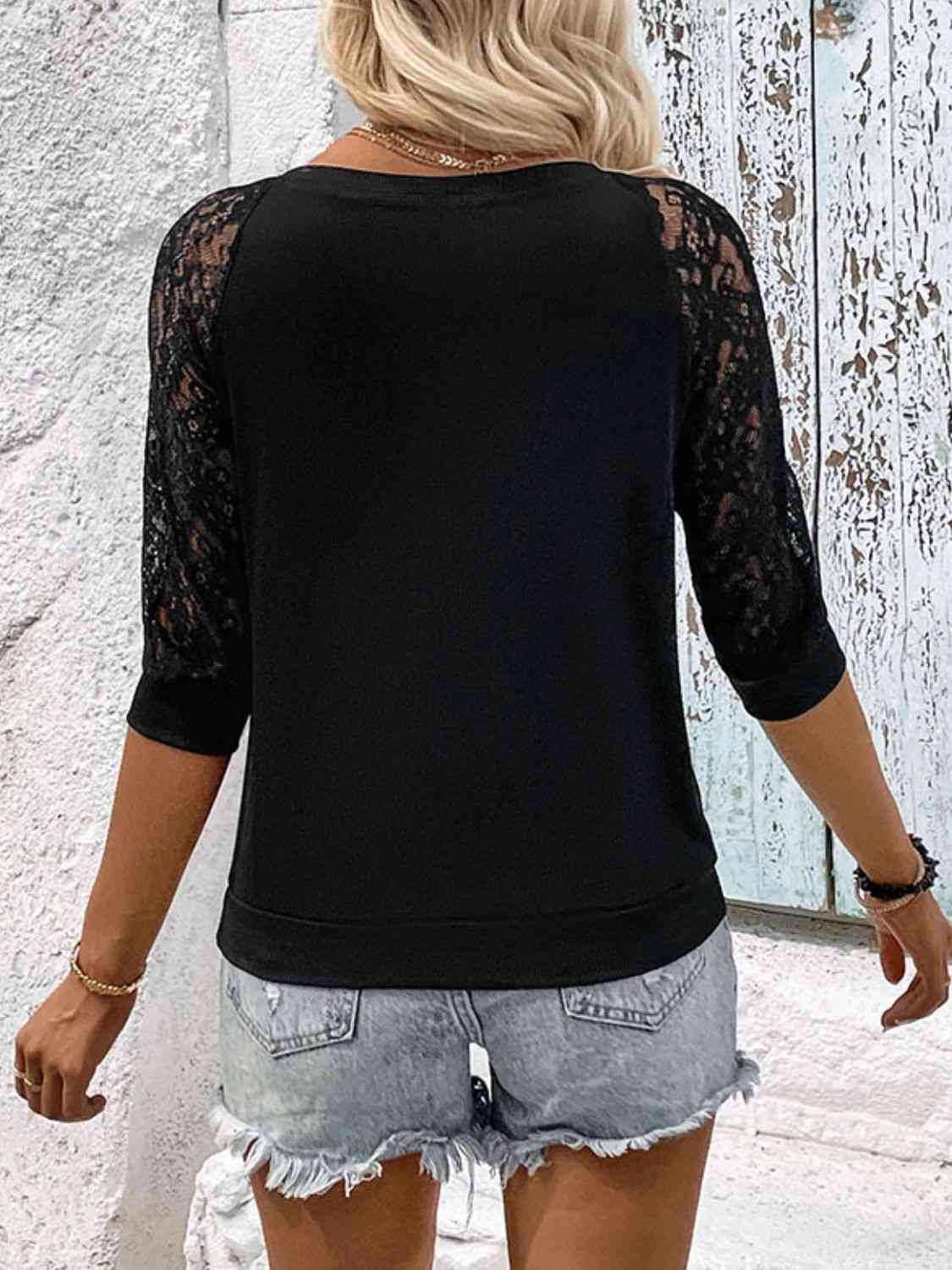 Double Take V-Neck Spliced Lace Raglan Sleeve Top