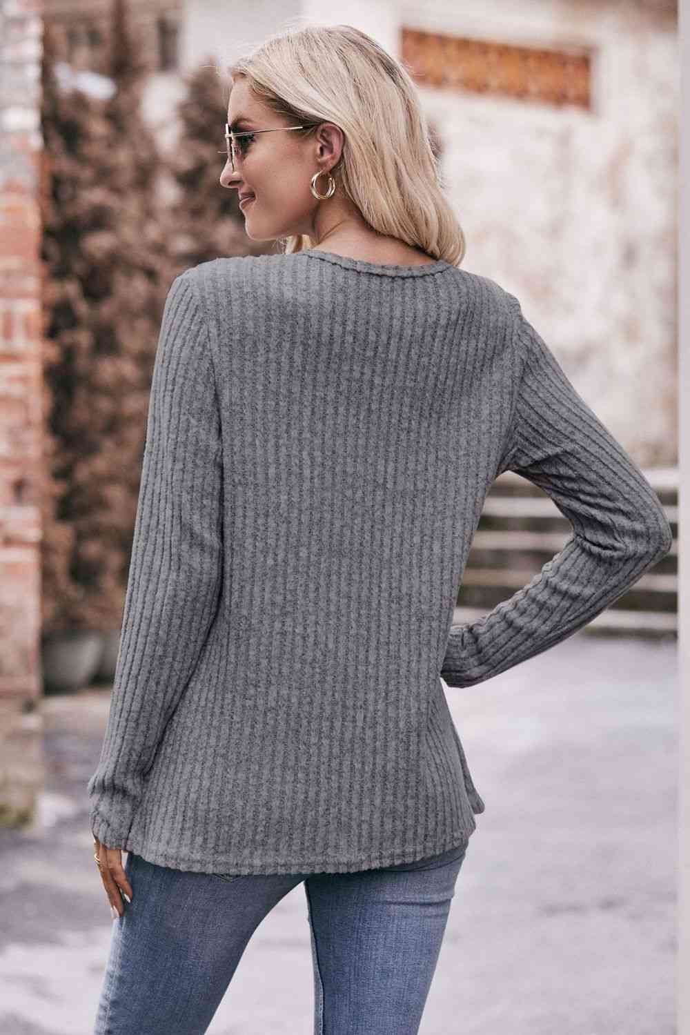 Double Take Ribbed Round Neck Buttoned Long Sleeve Tee