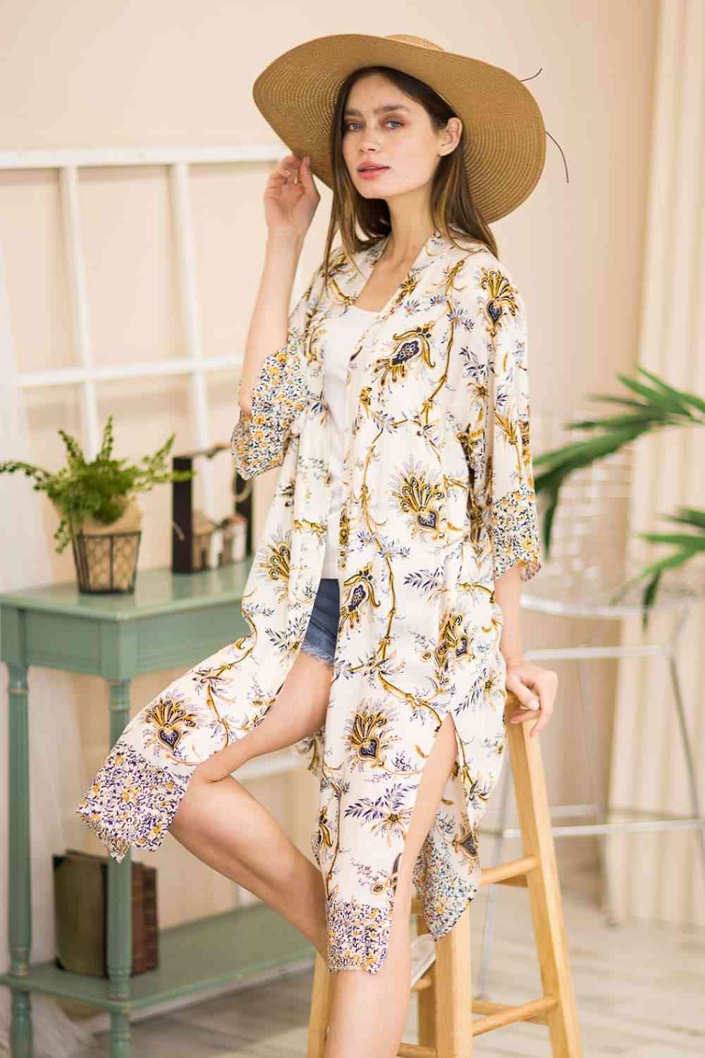 Floral Open Front Slit Duster Cardigan