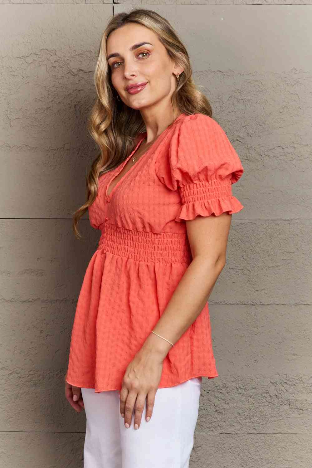 Whimsical Wonders V-Neck Puff Sleeve Button Down Top