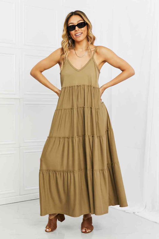 Spaghetti Strap Tiered Dress with Pockets in Khaki