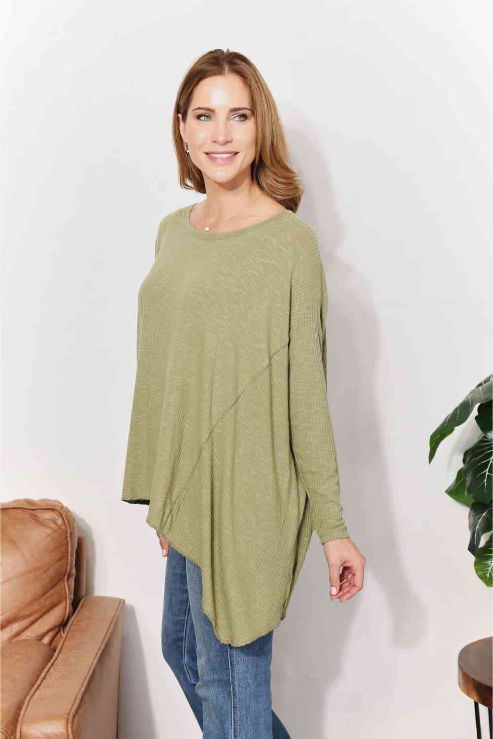 Oversized Super Soft Rib Layering Top with a Sharkbite Hem and Round Neck