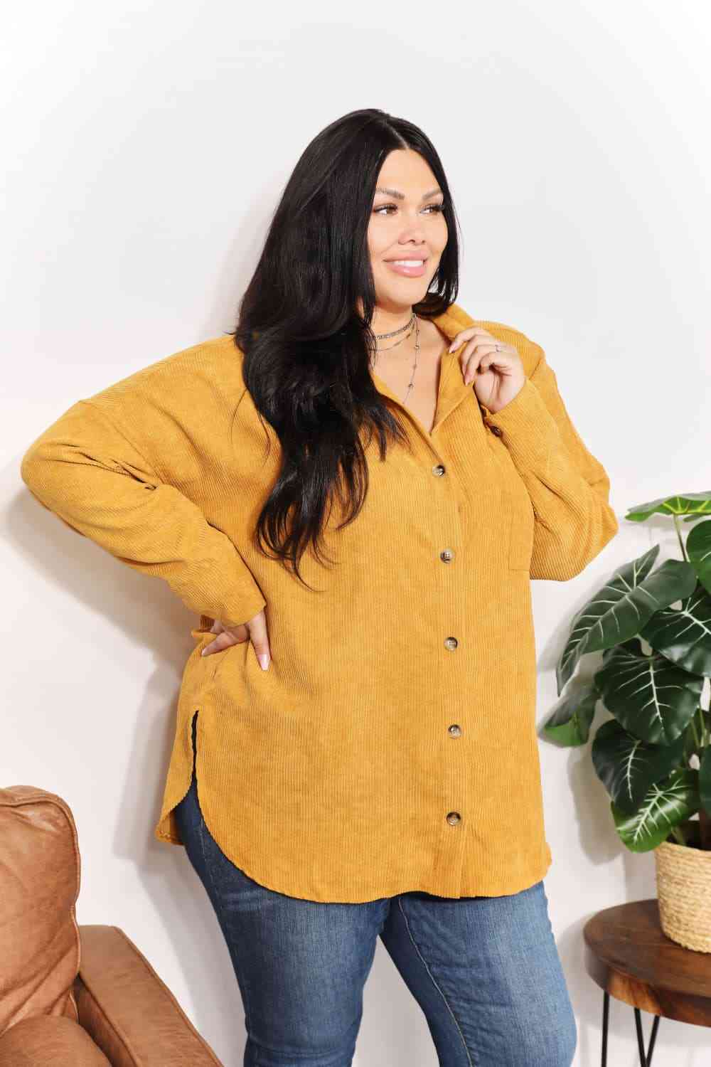 Full Size Oversized Corduroy Button-Down Tunic Shirt with Bust Pocket