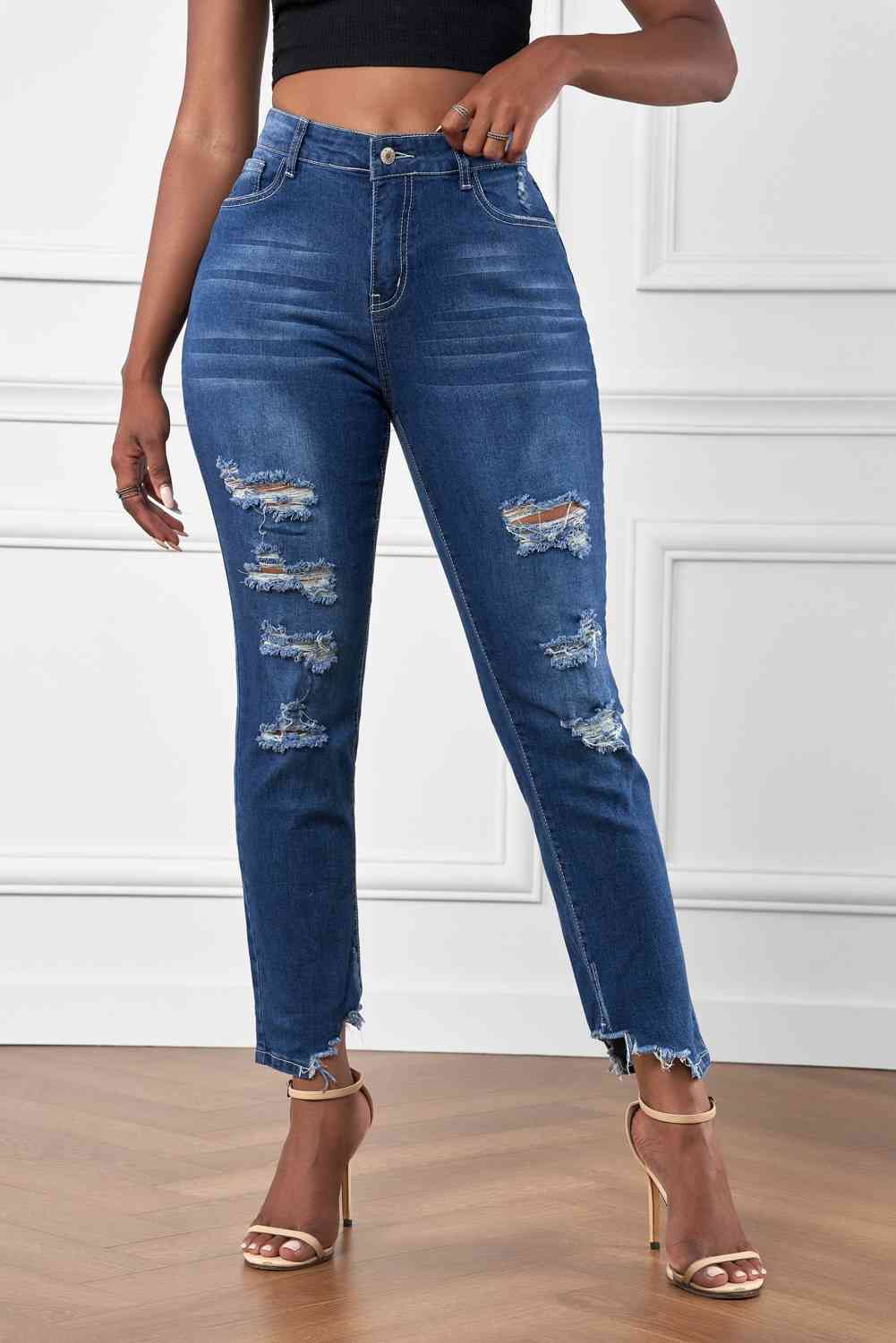 Baeful High-Rise Distressed Hem Detail Jeans