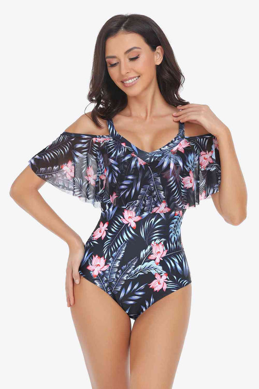 Botanical Print Cold-Shoulder Layered One-Piece Swimsuit