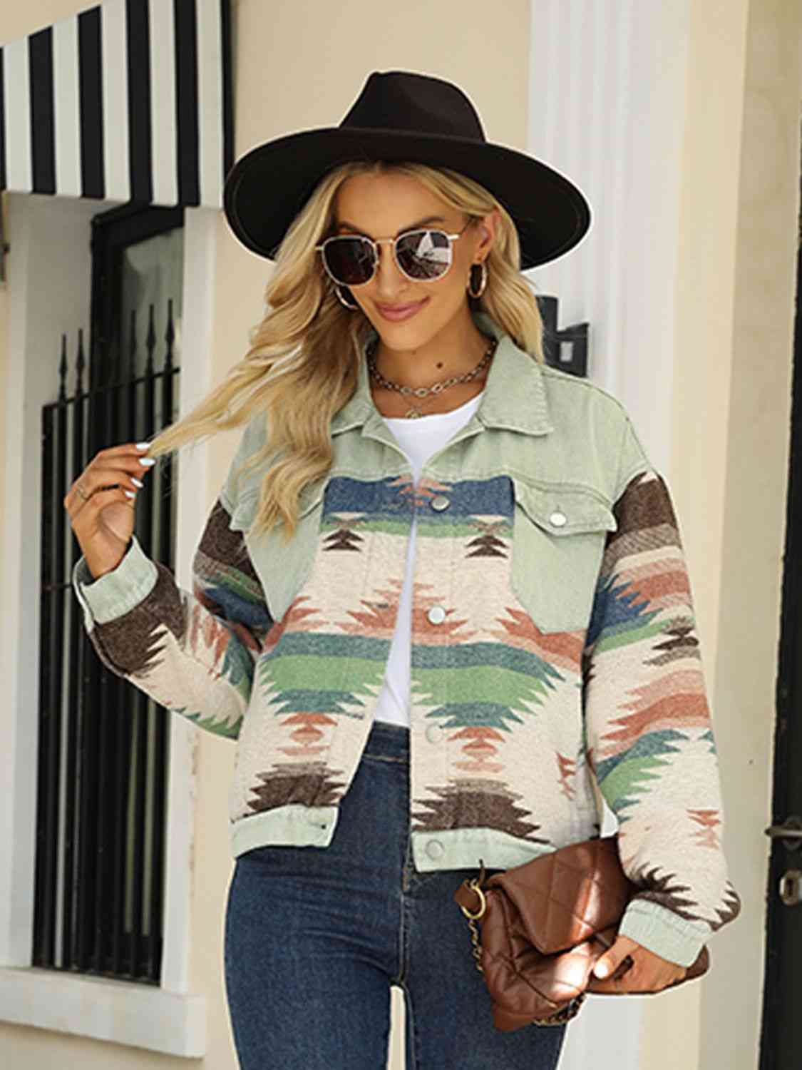 Printed Dropped Shoulder Long Sleeve Denim Jacket