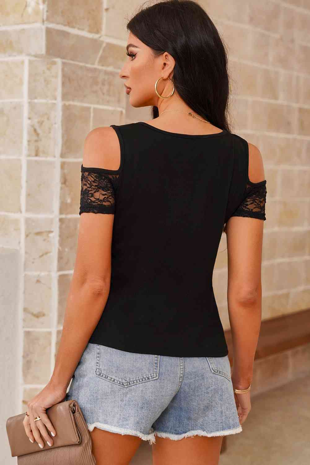 Notched Neck Cold-Shoulder Spliced Lace Top