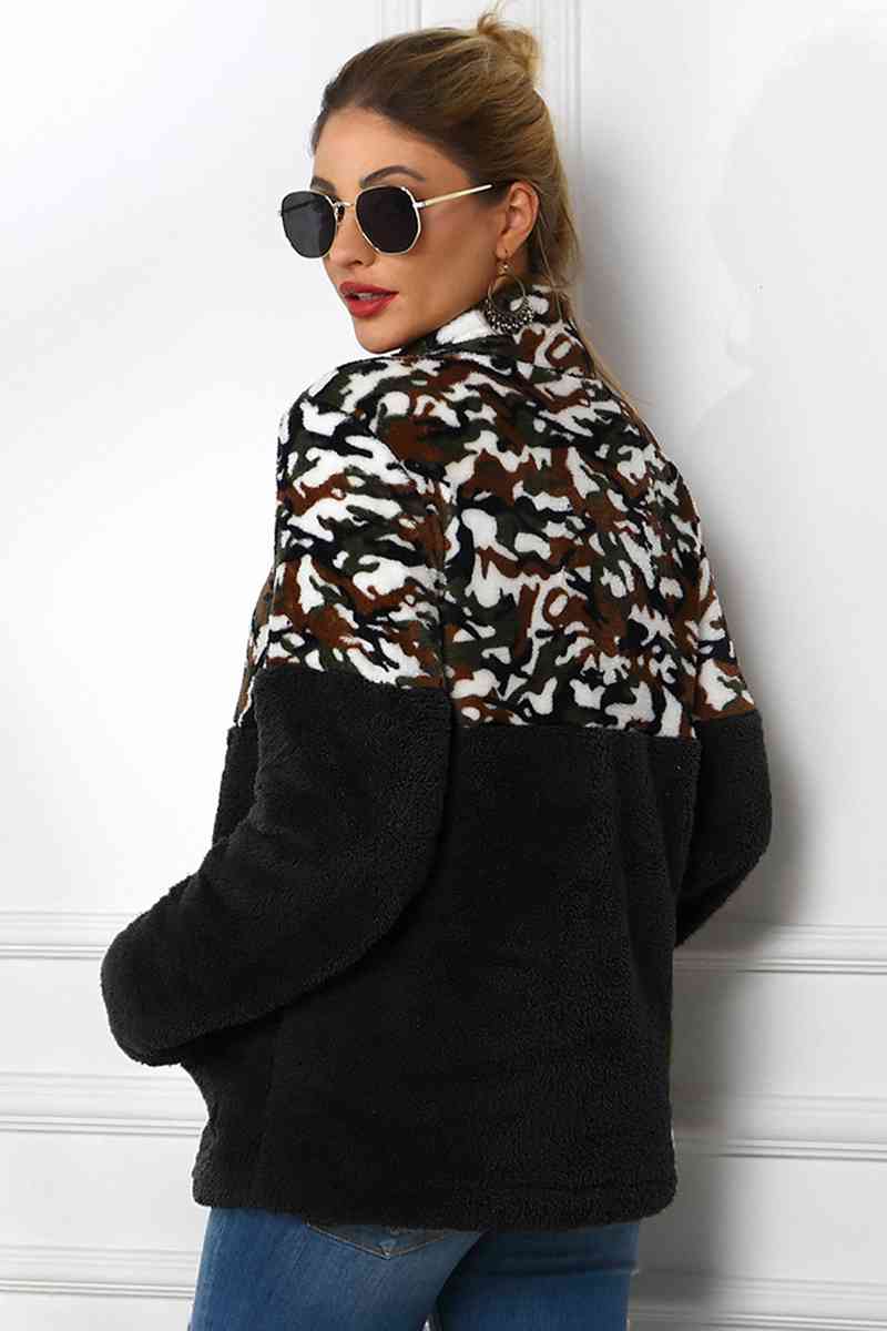 Camouflage Zip-Up Turtle Neck Dropped Shoulder Sweatshirt