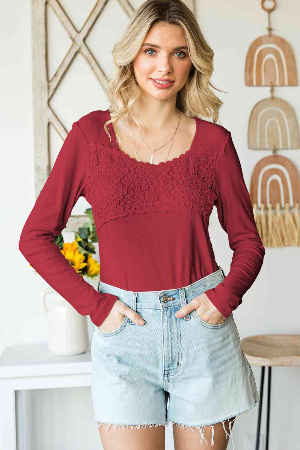 Double Take Lace Crochet Long Sleeve Top