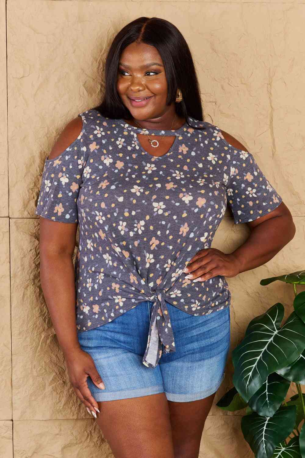 On My Own Cold Shoulder Keyhole Floral Print Top