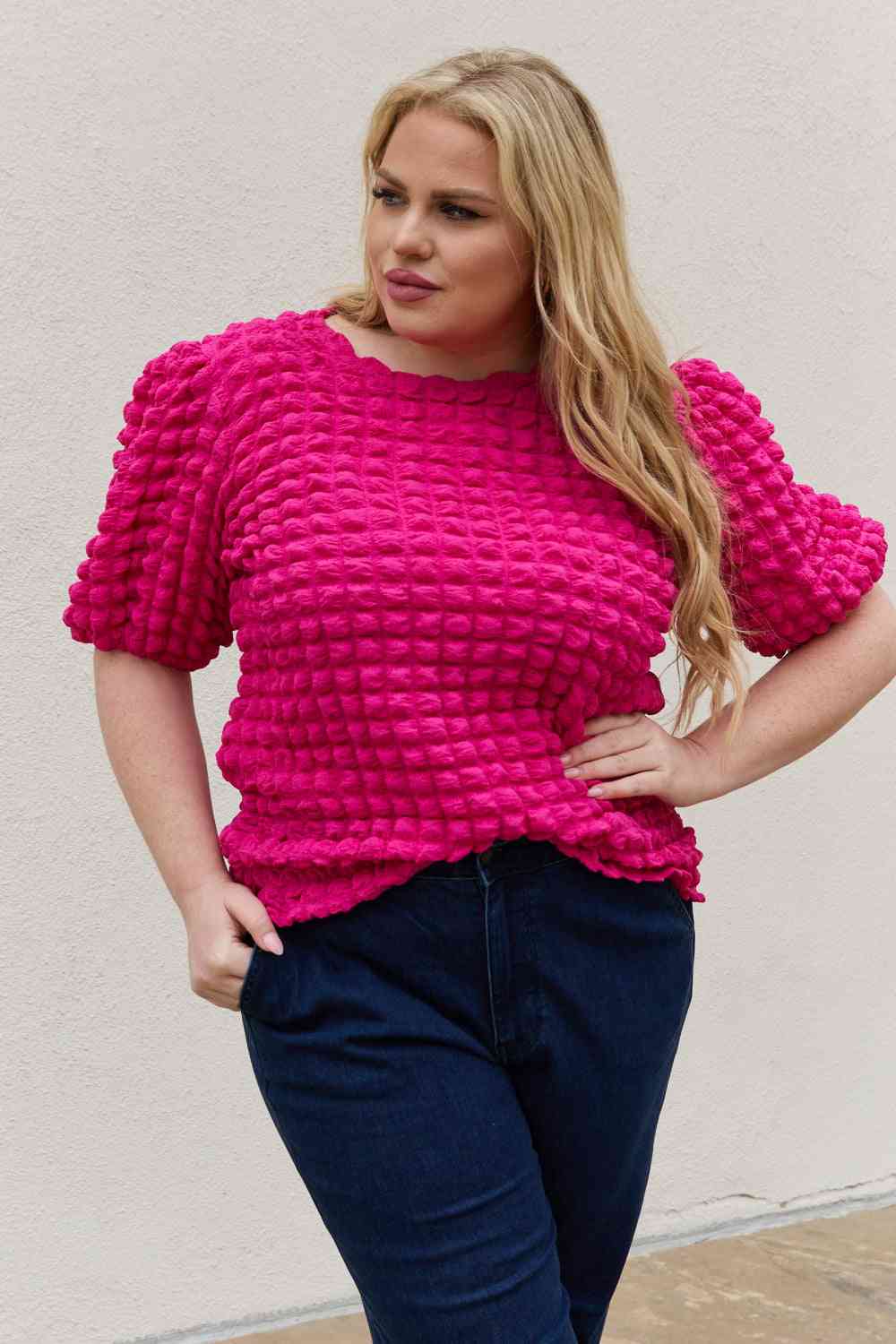 Bubble Textured Puff Sleeve Top