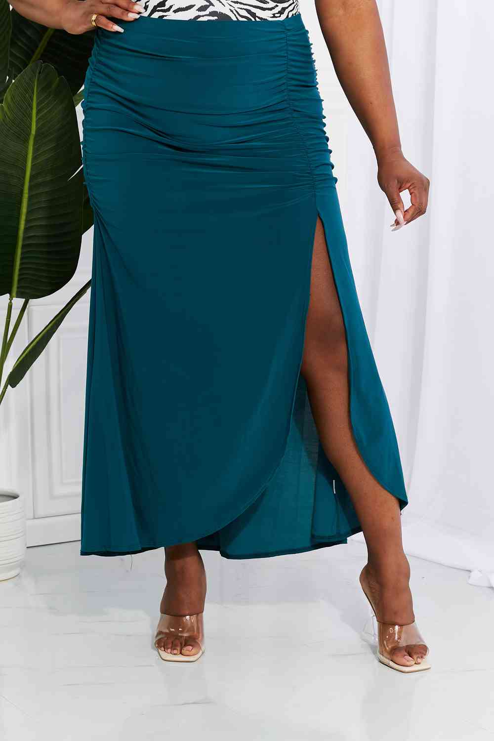 Up and Up Ruched Slit Maxi Skirt in Teal