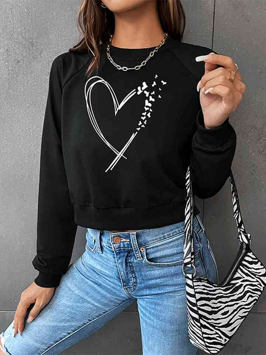 Round Neck Raglan Sleeve Heart Graphic Sweatshirt