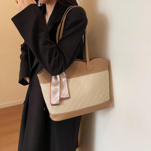 PU Leather Tied Contrast Tote Bag