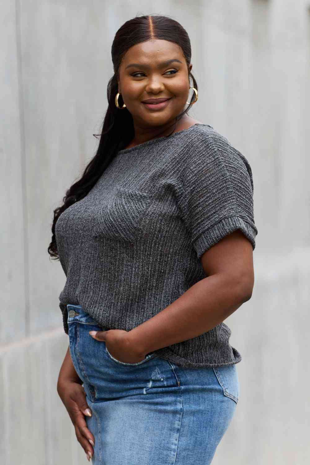 Chunky Knit Short Sleeve Top in Gray