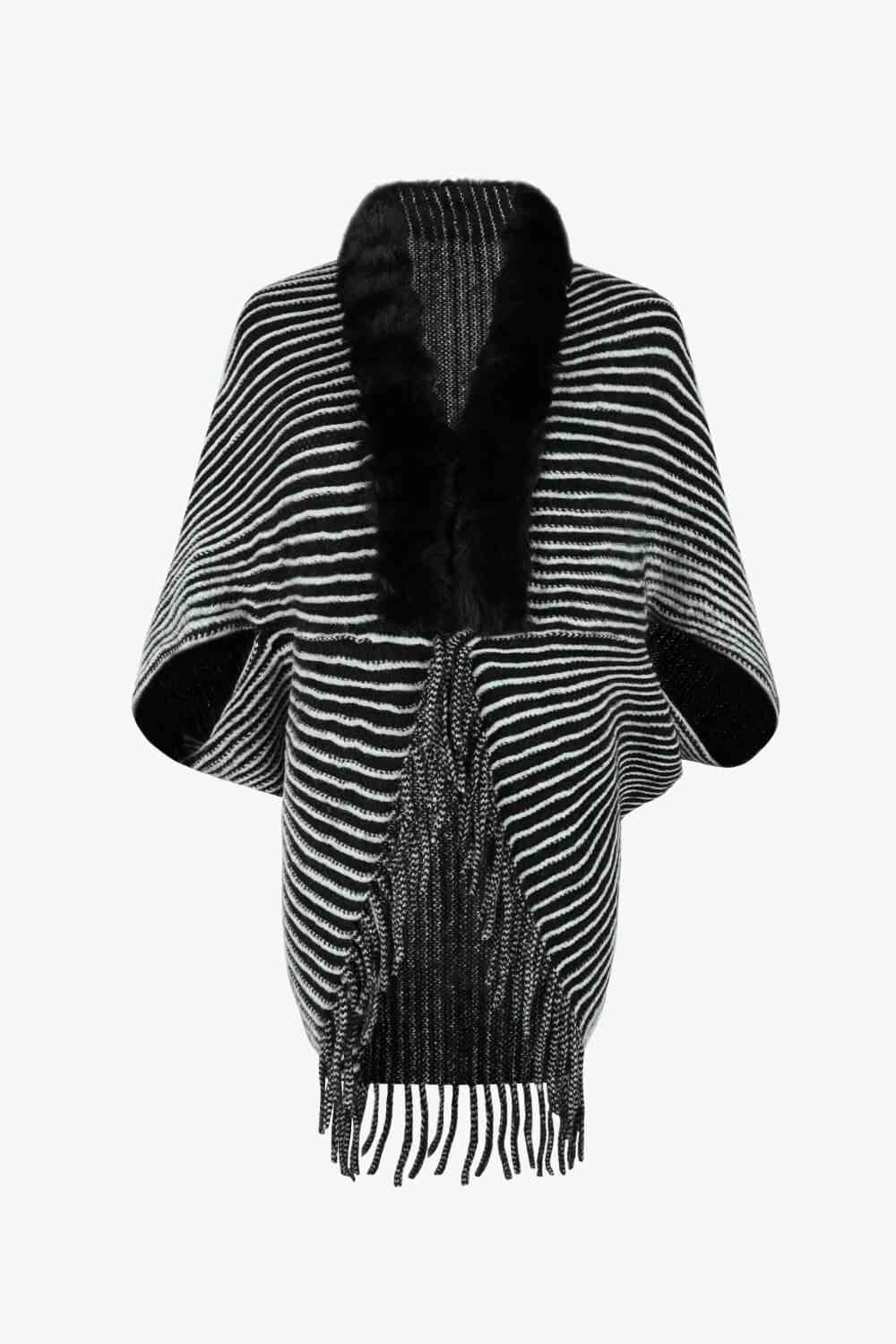 Striped Open Front Fringe Poncho