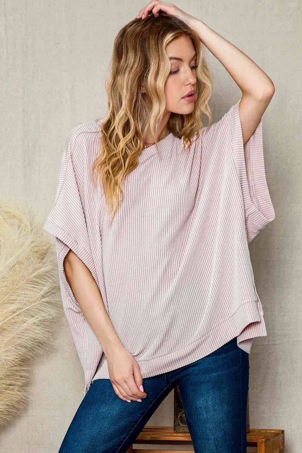 Double Take Full Size Round Neck Ribbed Slit Tunic Top