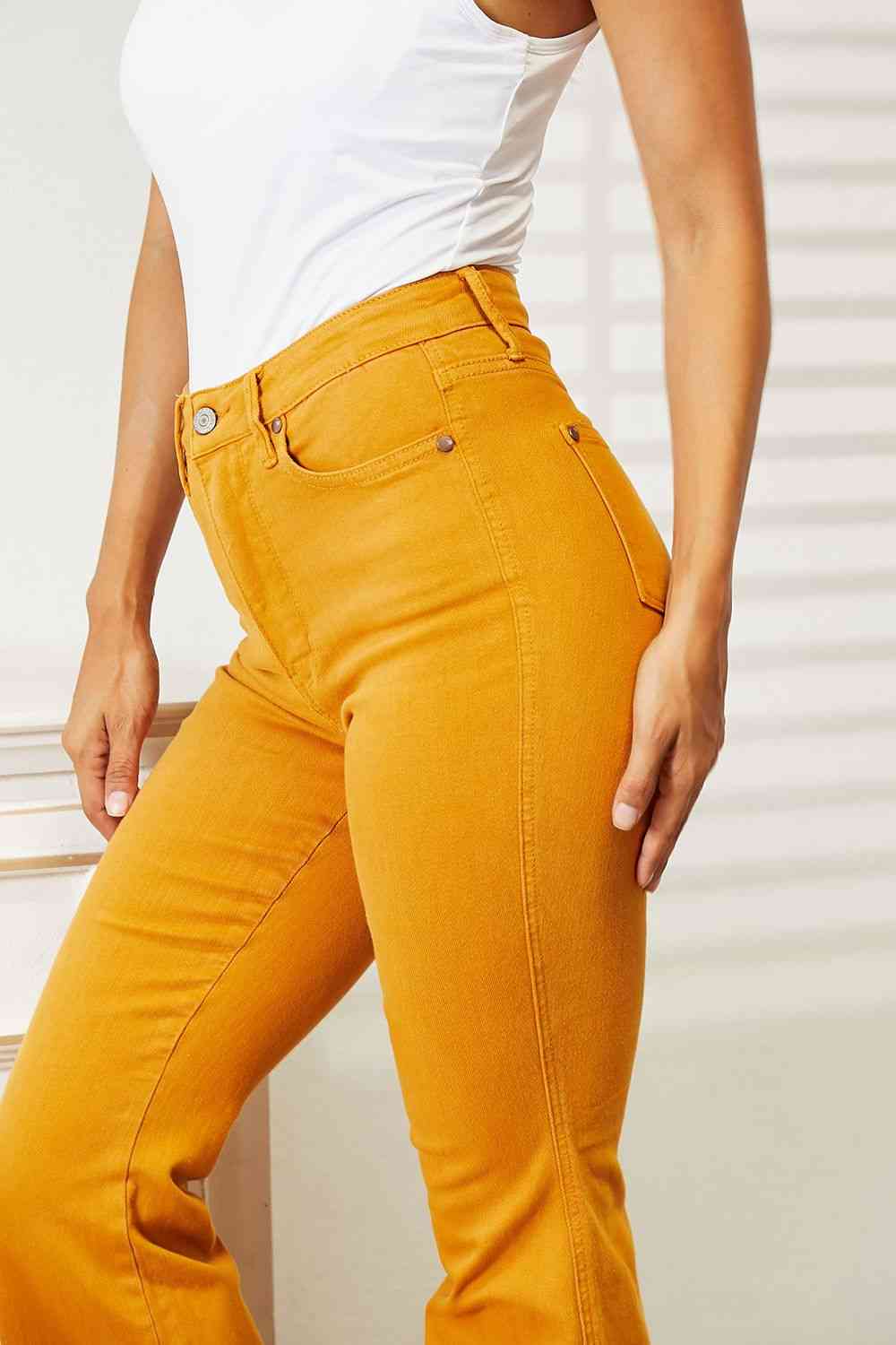 High Waist Tummy Control Garment Dyed Flare Jeans