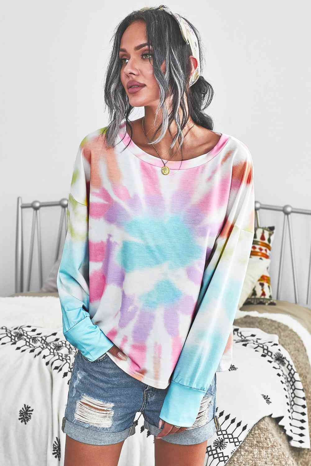 Tie-Dye Boat Neck Batwing Sleeve Tee