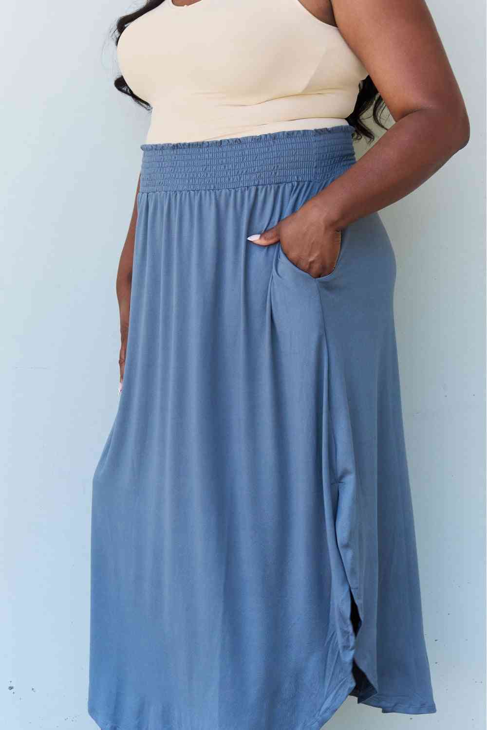 Doublju Comfort Princess High Waist Scoop Hem Maxi Skirt in Dusty Blue