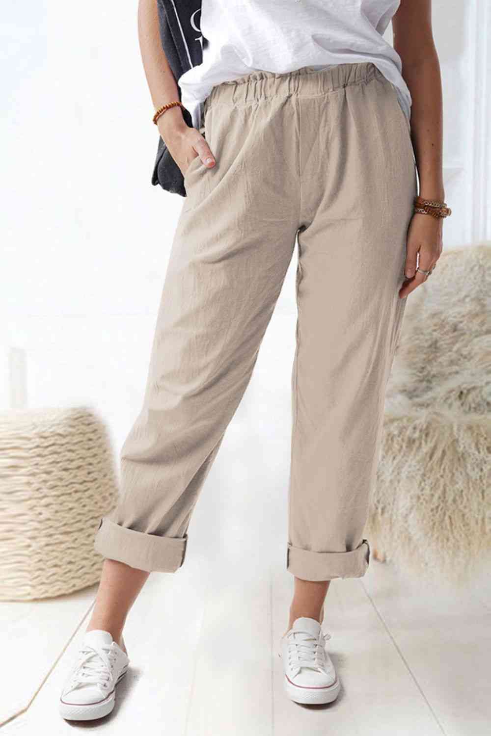 Paperbag Waist Pull-On Pants with Pockets