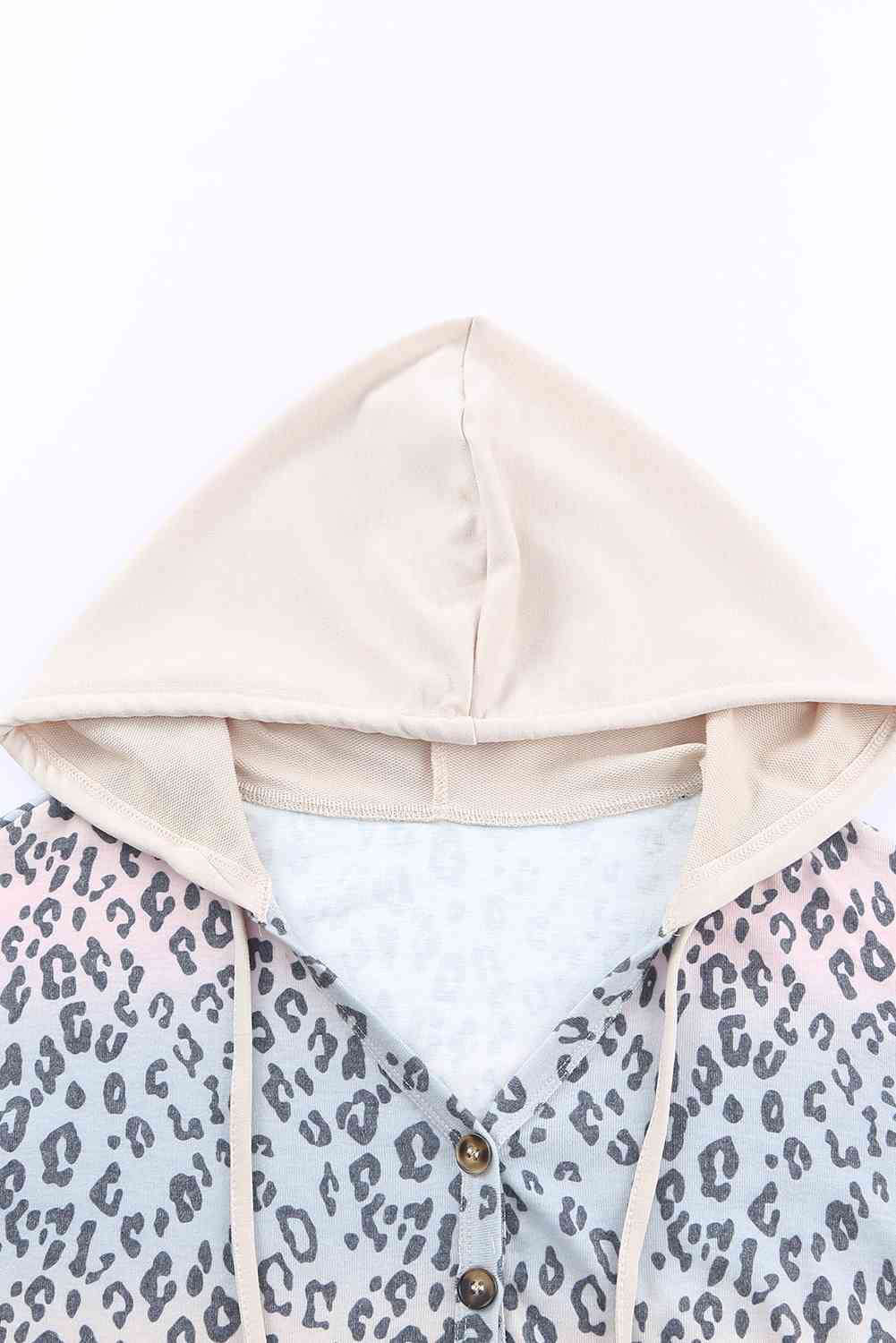 Leopard Color Block Buttoned Drawstring Detail Hoodie