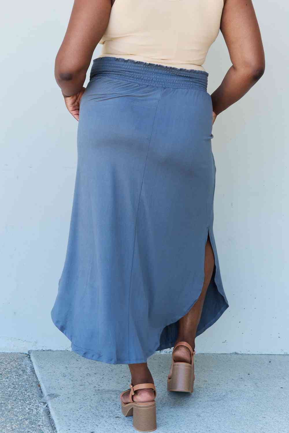 Doublju Comfort Princess High Waist Scoop Hem Maxi Skirt in Dusty Blue