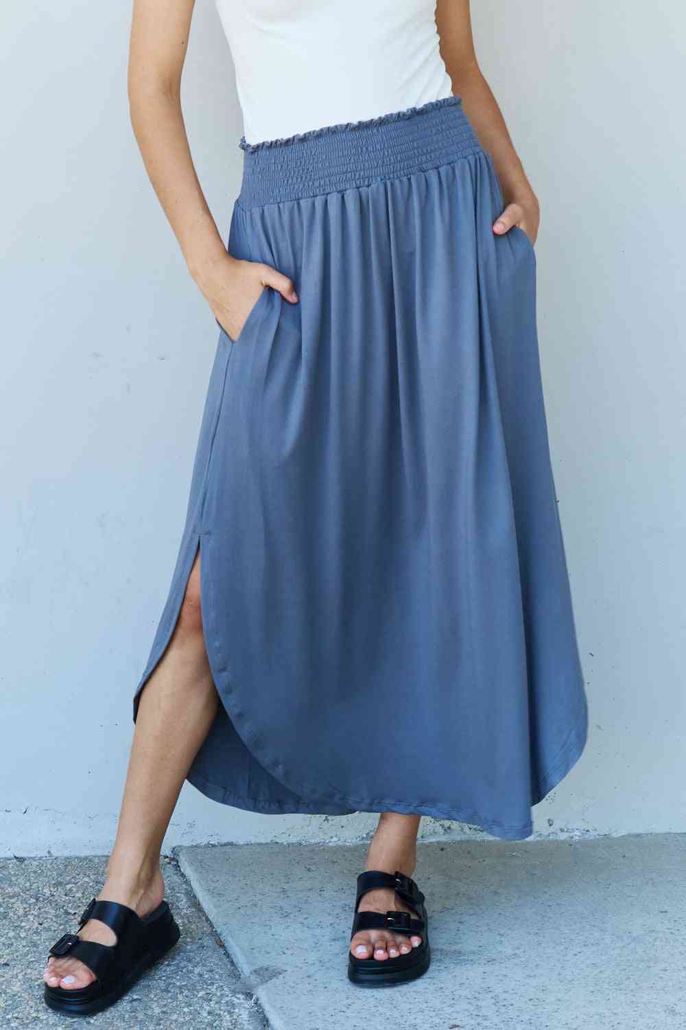 Doublju Comfort Princess High Waist Scoop Hem Maxi Skirt in Dusty Blue