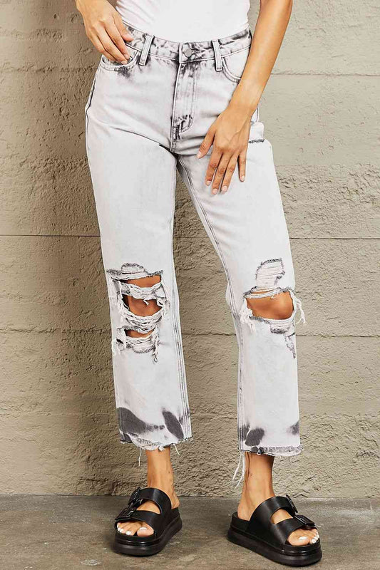 Acid Wash Accent Cropped Mom Jeans