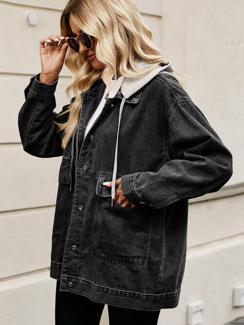 Drawstring Button Down Hooded Denim Jacket